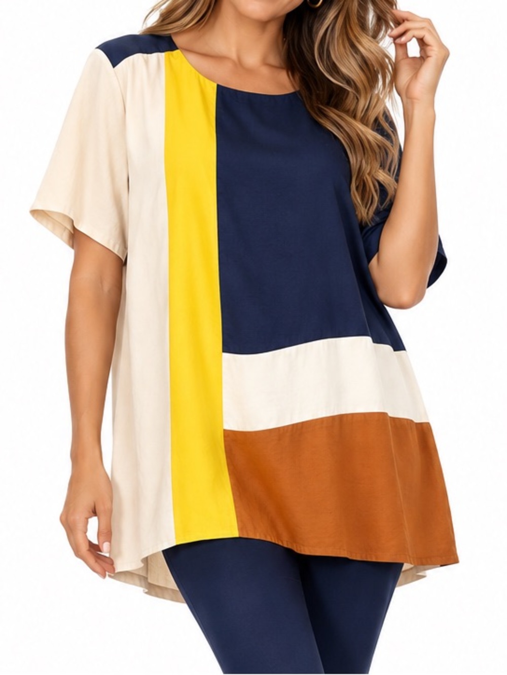 Joan Vass New York Colorblock Tunic Top XL Navy Yellow Cream Rust